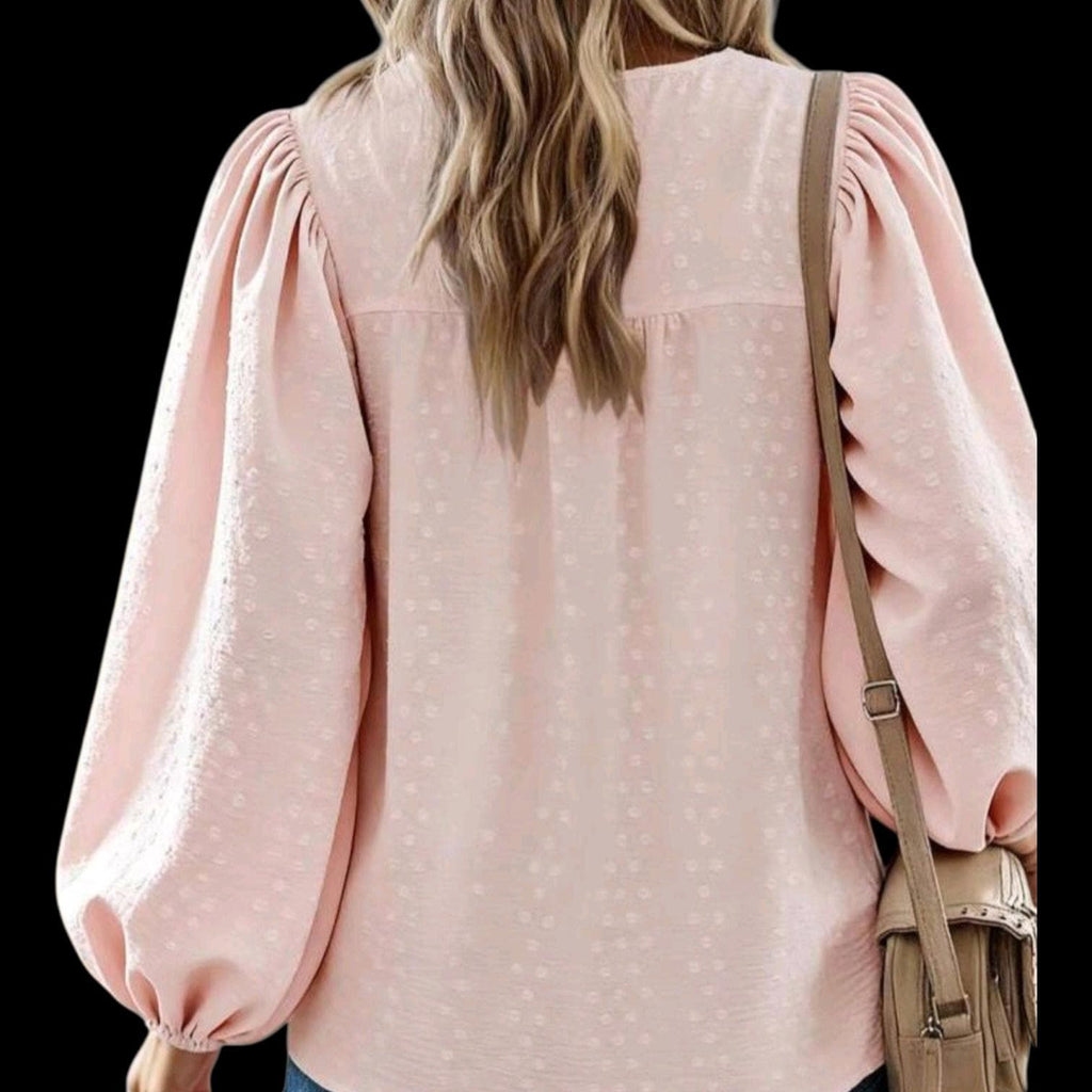 Bohemian Light Pink Blouse - Women's L Round Neck Long Sleeves with Lace Detail