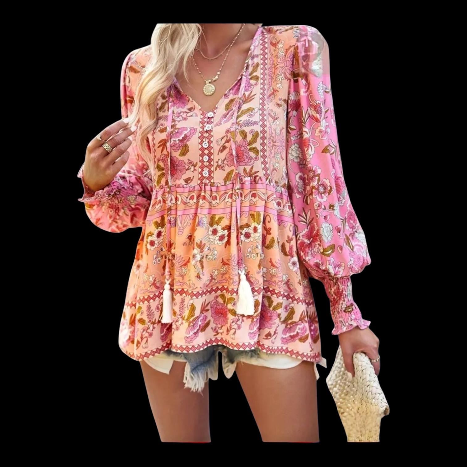 Boho Plus Size 22 (5XL) Pink and Peach Floral Print Blouse: Women's Relaxed Fit Tunic casual Hippie Top