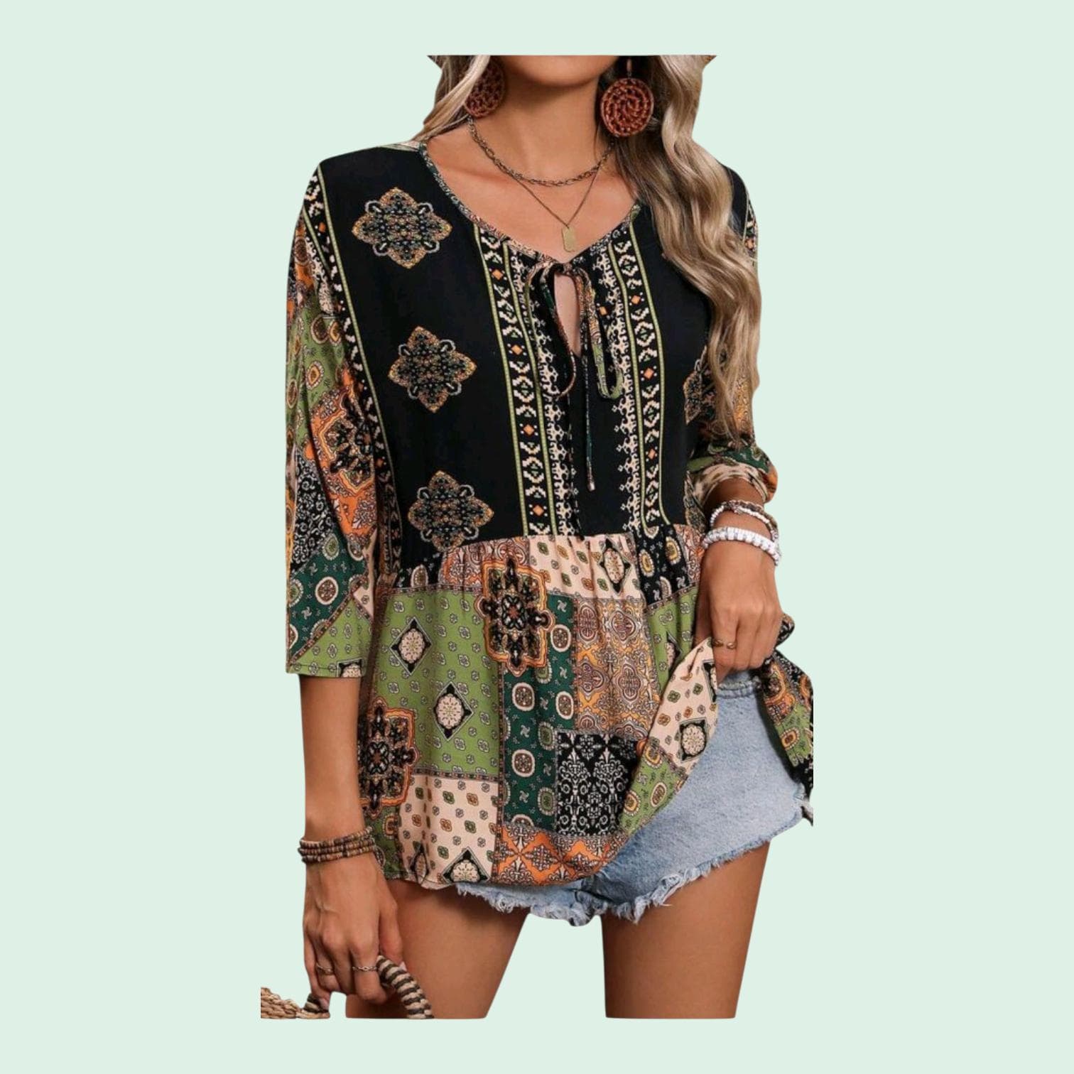 Women's Boho Patchwork Peplum Tunic | Earth Tone Long Top – Size S