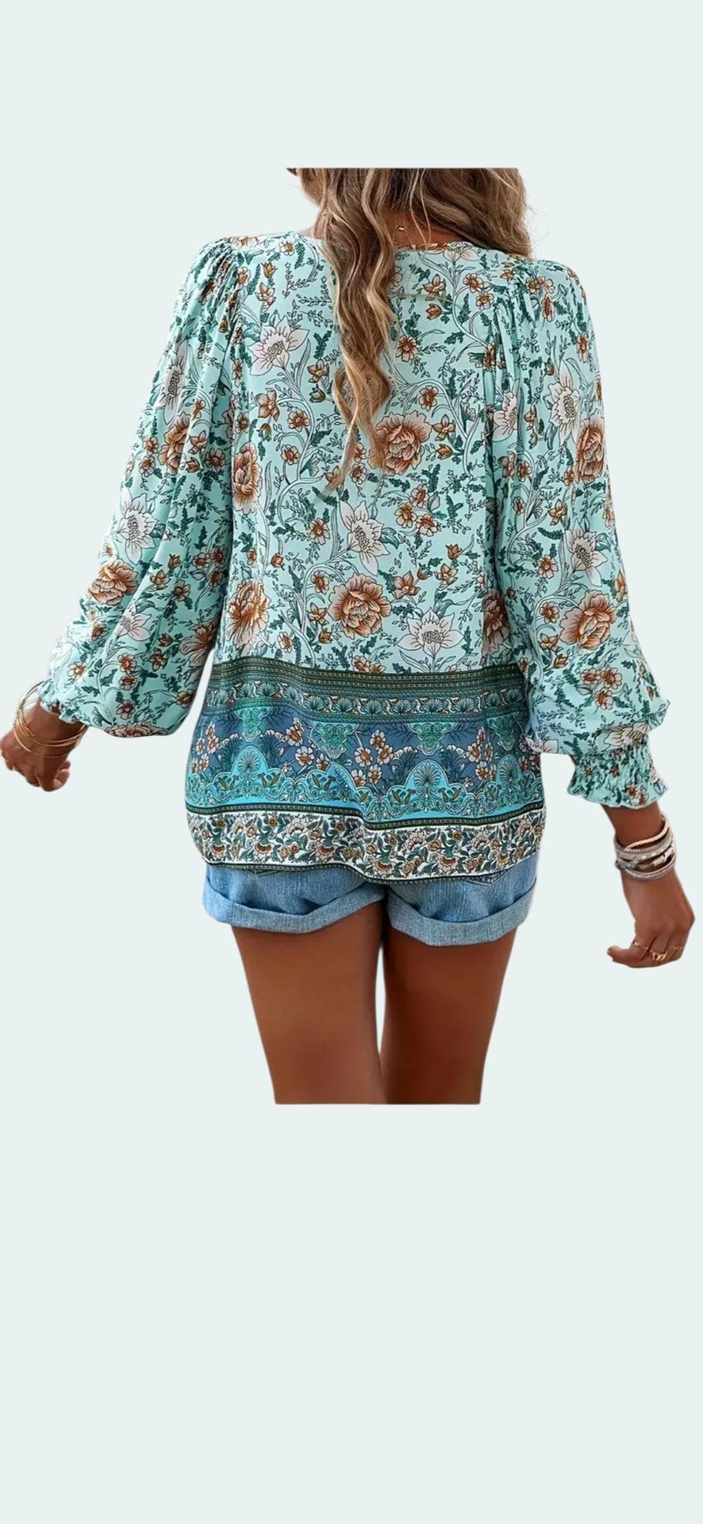 Women's Boho Blue Floral Blouse | V-Neck Flowy Top with Ties – Size XXL