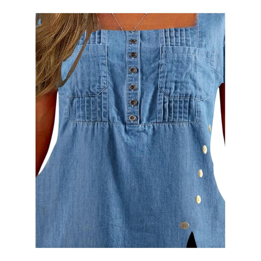 Boho Plus Size 18 (3XL) Blouse, Casual Tunic with Short Sleeves, Pleated Square Neck, Buttons and Pockets.