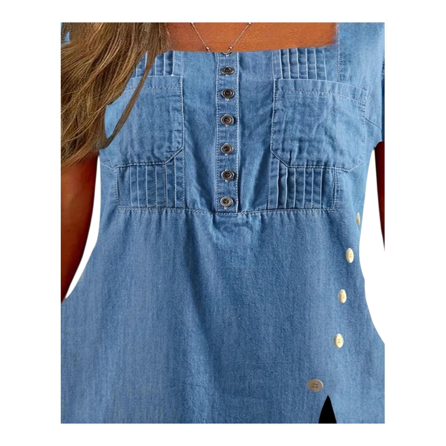 Boho Plus Size 18 (3XL) Blouse, Casual Tunic with Short Sleeves, Pleated Square Neck, Buttons and Pockets.