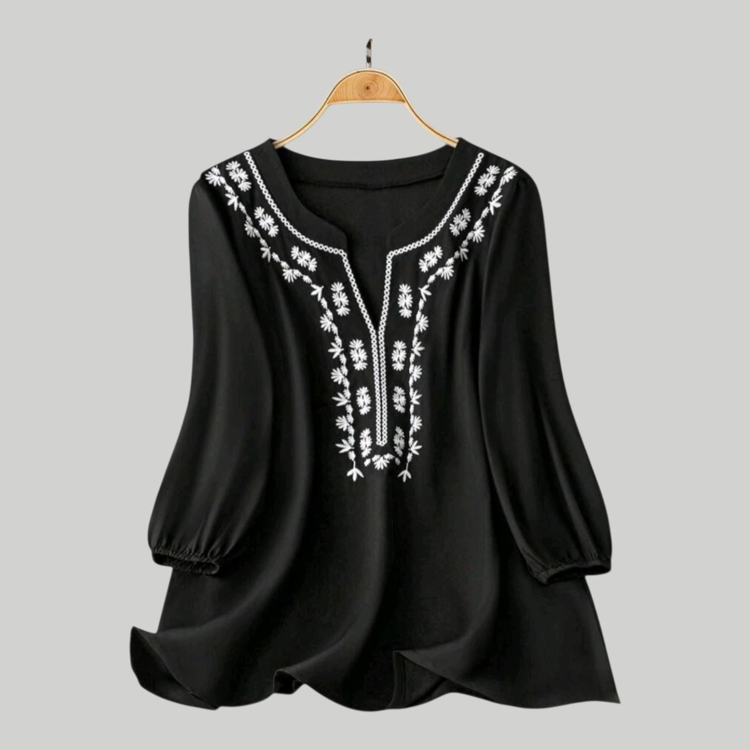 Boho Black Blouse with White Embroidery – 3/4 Bishop Sleeves, Relaxed Fit | Plus Size 16 (2XL)