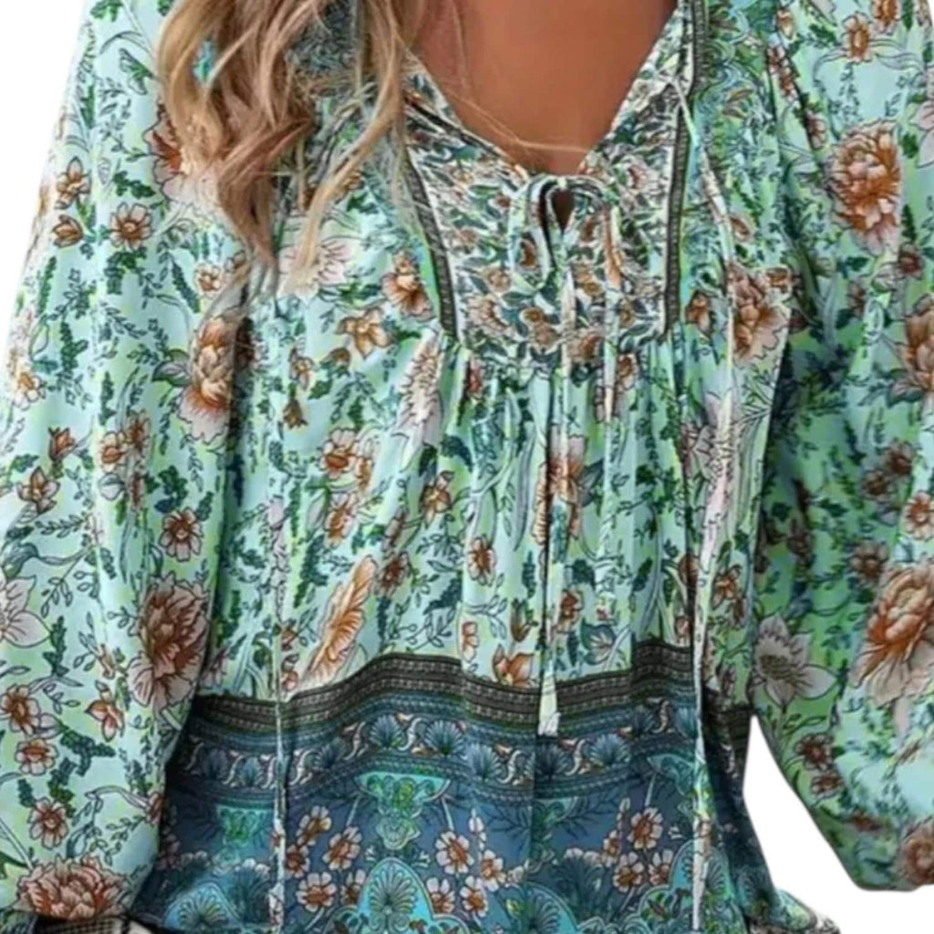 Boho Mint Green 70's Hippie Style Top, Casual Loose Flowy Blouse - (XXL)