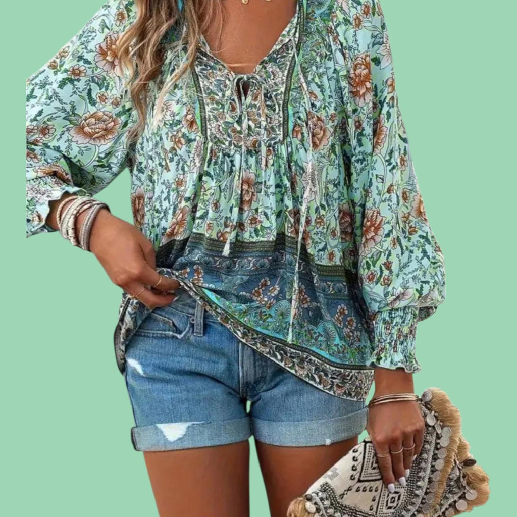 Green Boho V-Neck Blouse – Flowy Long Sleeve with Tie Closure, Elegant Bohemian Style – Size L