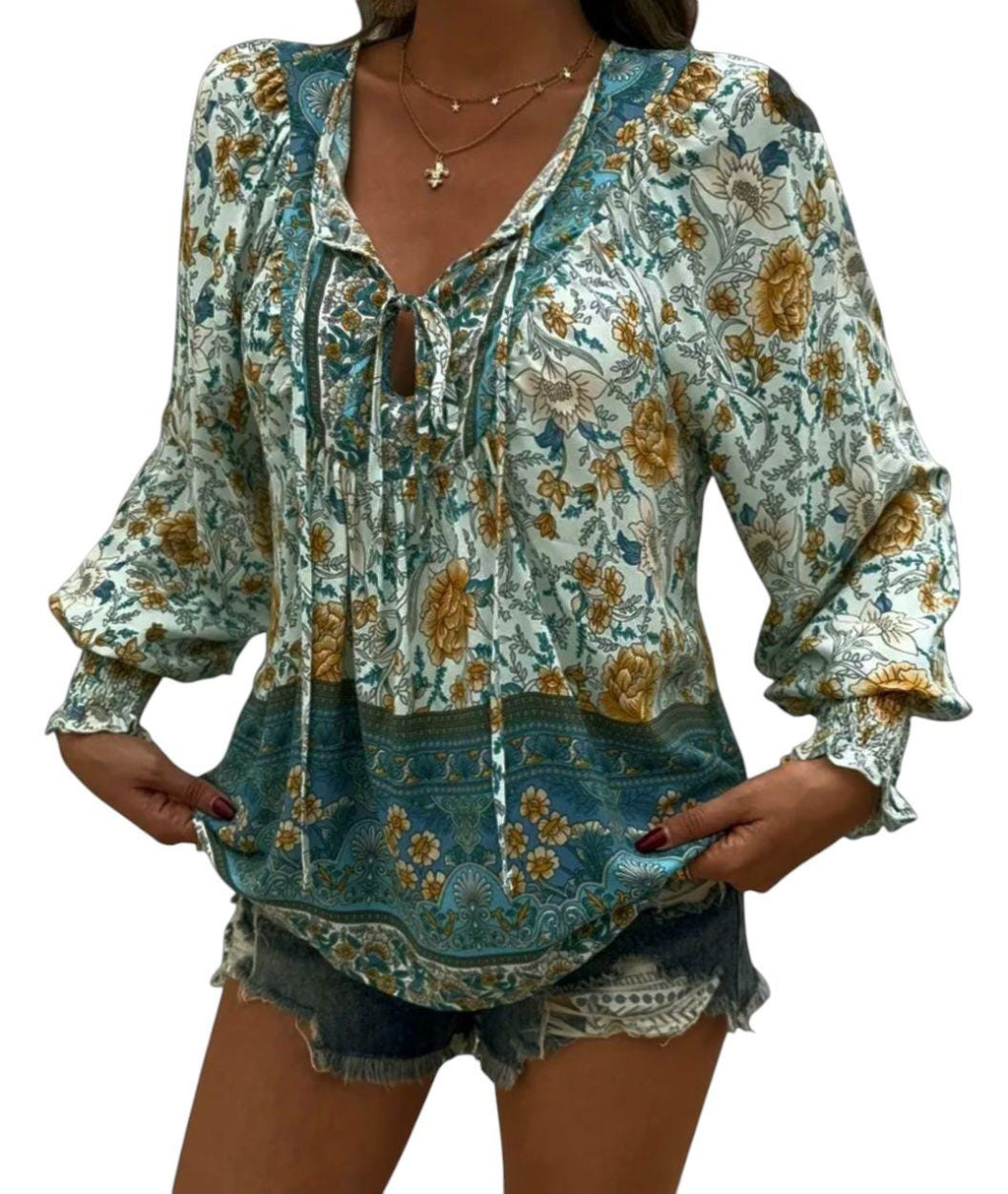 Boho Green Flowy Peasant Blouse – Hippie V-Neck with Ties – XL