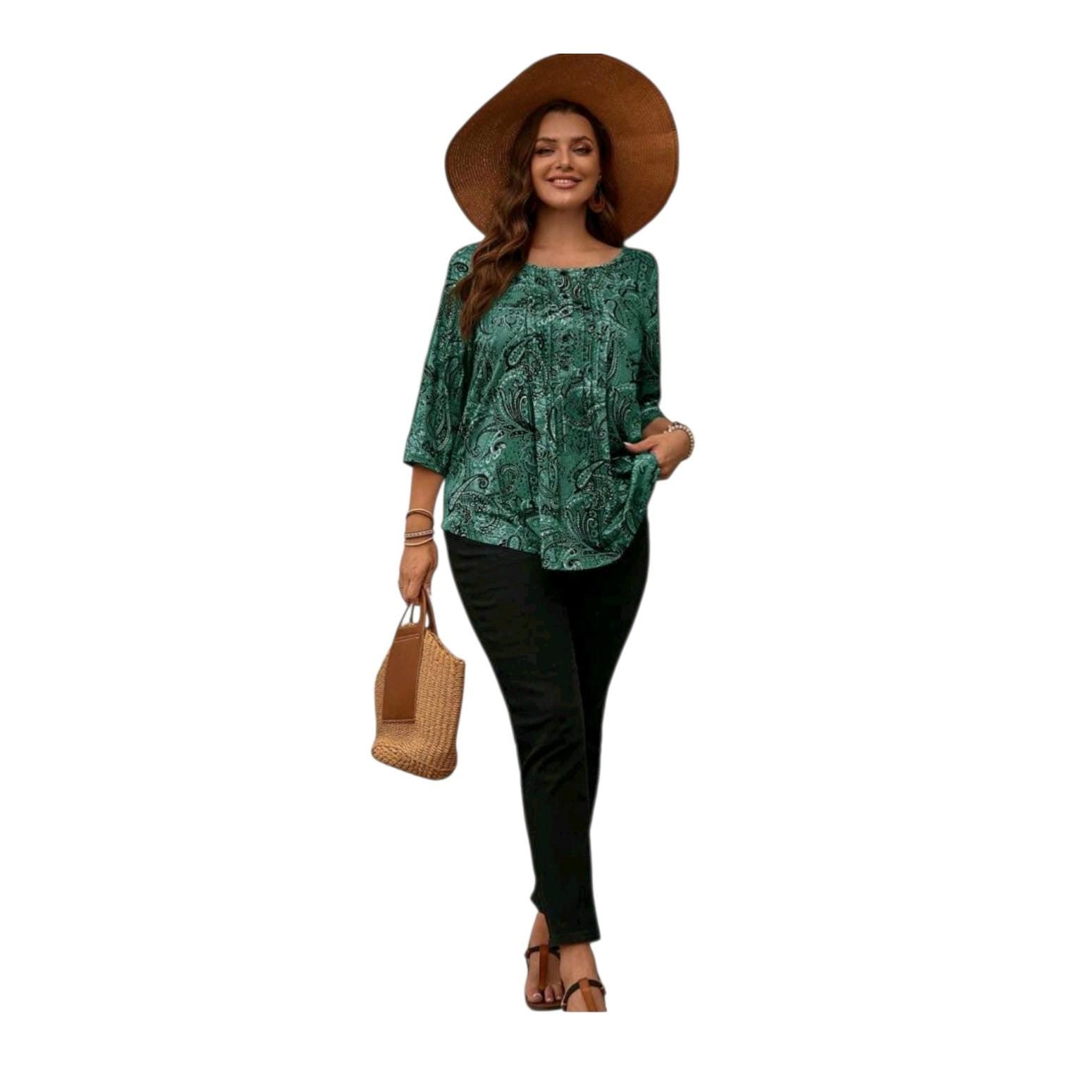 Boho Dark Green Blouse – Pleated Button Neckline, 3/4 Sleeves, Relaxed Fit | Plus Size 20 (4XL)