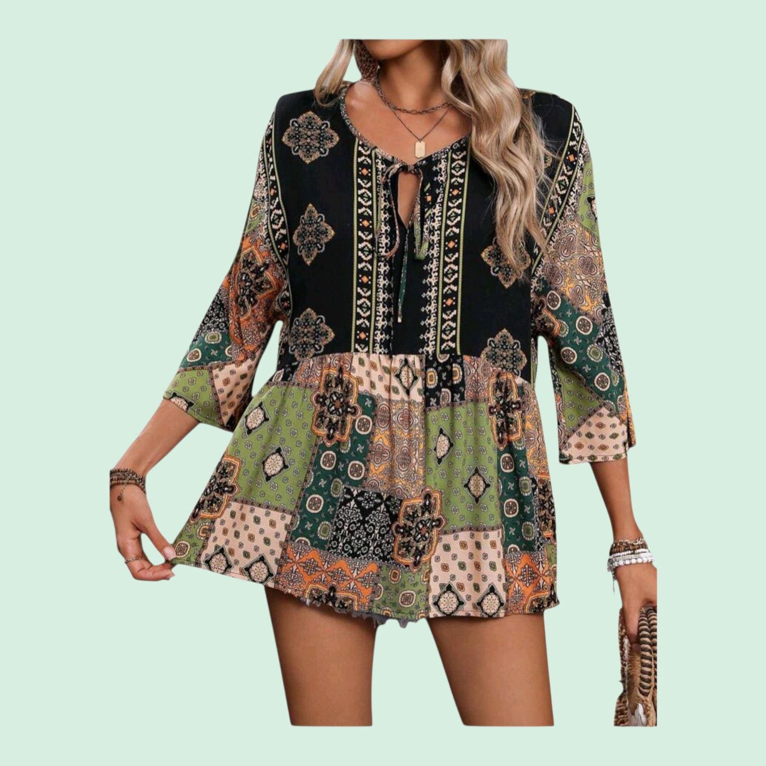Women's Boho Patchwork Peplum Tunic | Earth Tone Long Top – Size S
