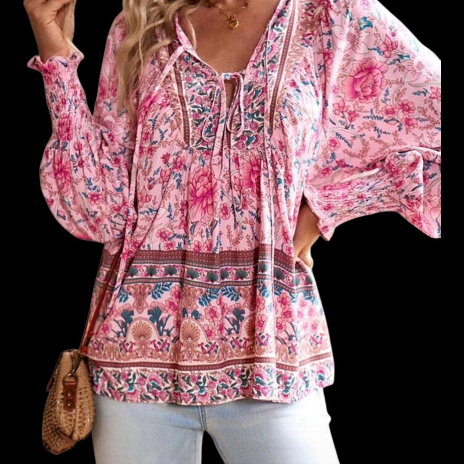 N-Women's Chiffon Boho Blouse | Pink Floral Long Sleeve V-Neck Top – Size L