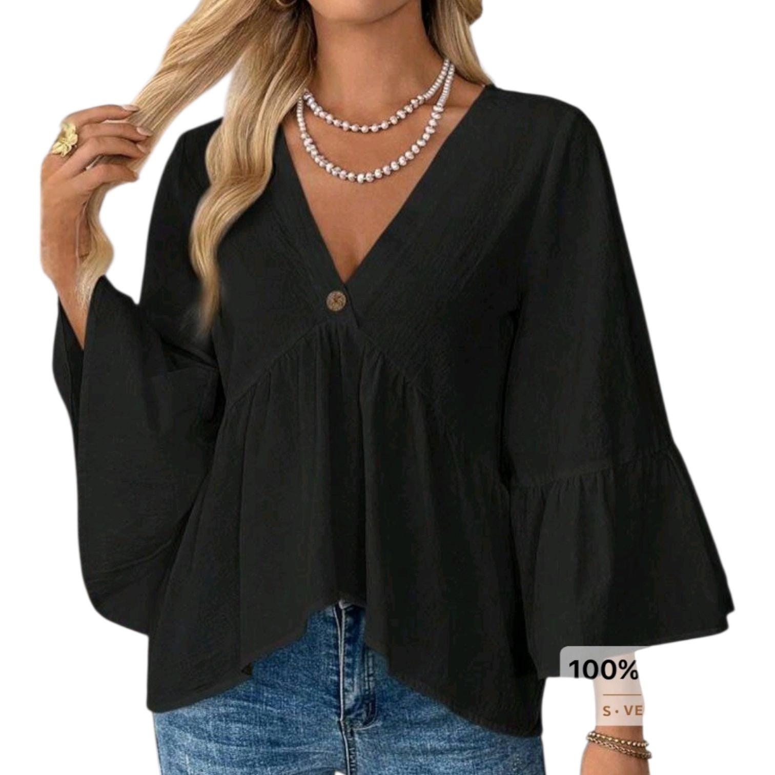 Black Cotton Boho Blouse – Women's Boutique Top with Bell Sleeves | Gift Idea for Her Size: XL