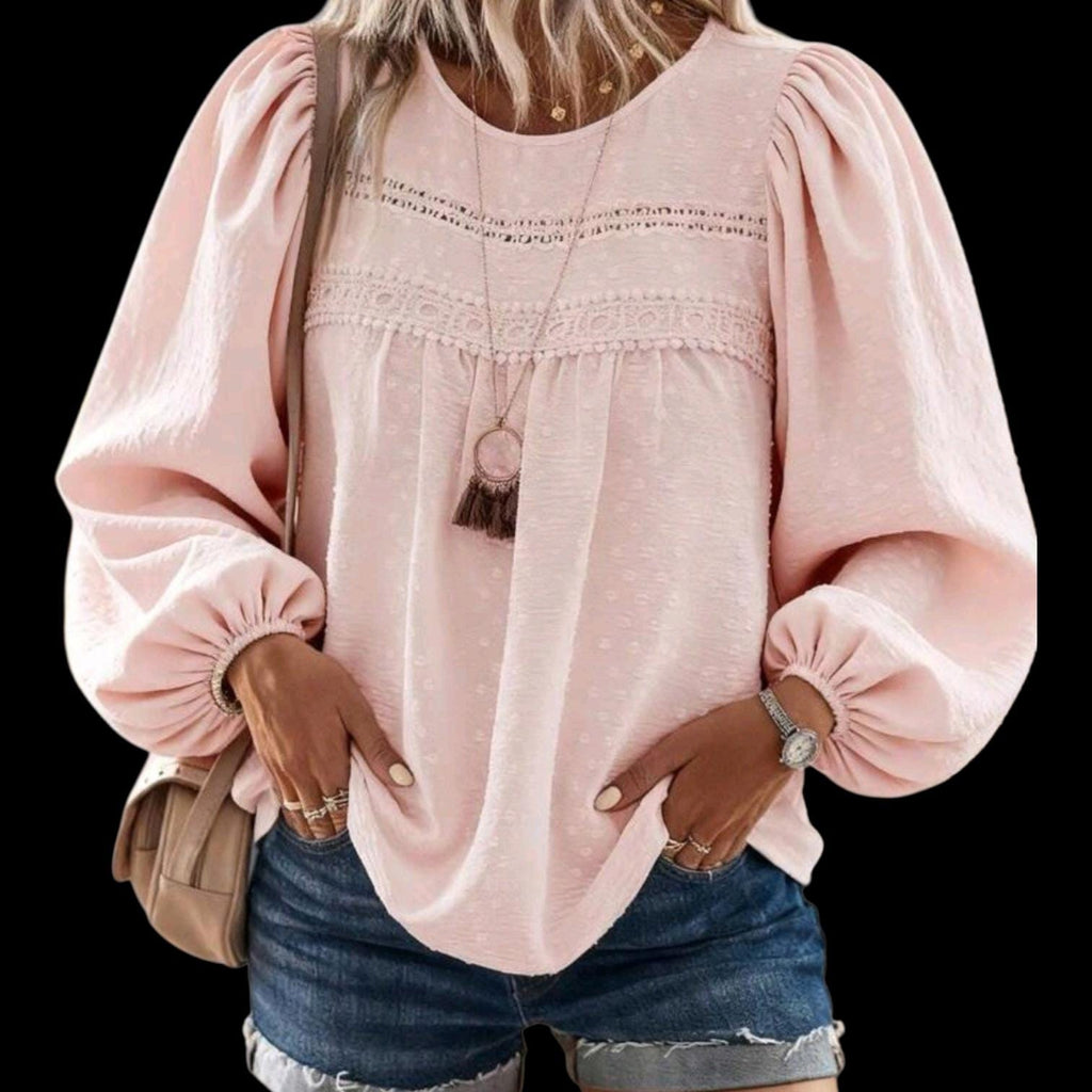 Boho Light Pink Blouse – Round Neck, Long Sleeves with Lace Detail, Relaxed Fit | Size XL