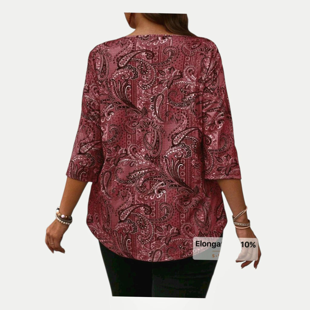 Boho Burgundy Paisley Blouse – 3/4 Sleeves, Pleated Button Neckline, Silky Sheen | Plus Size 14 (1XL)