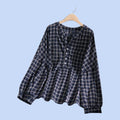 Plus Size Navy Plaid Boho Blouse – Elegant Long Sleeve V-Neck Top – Size 18 (3XL)