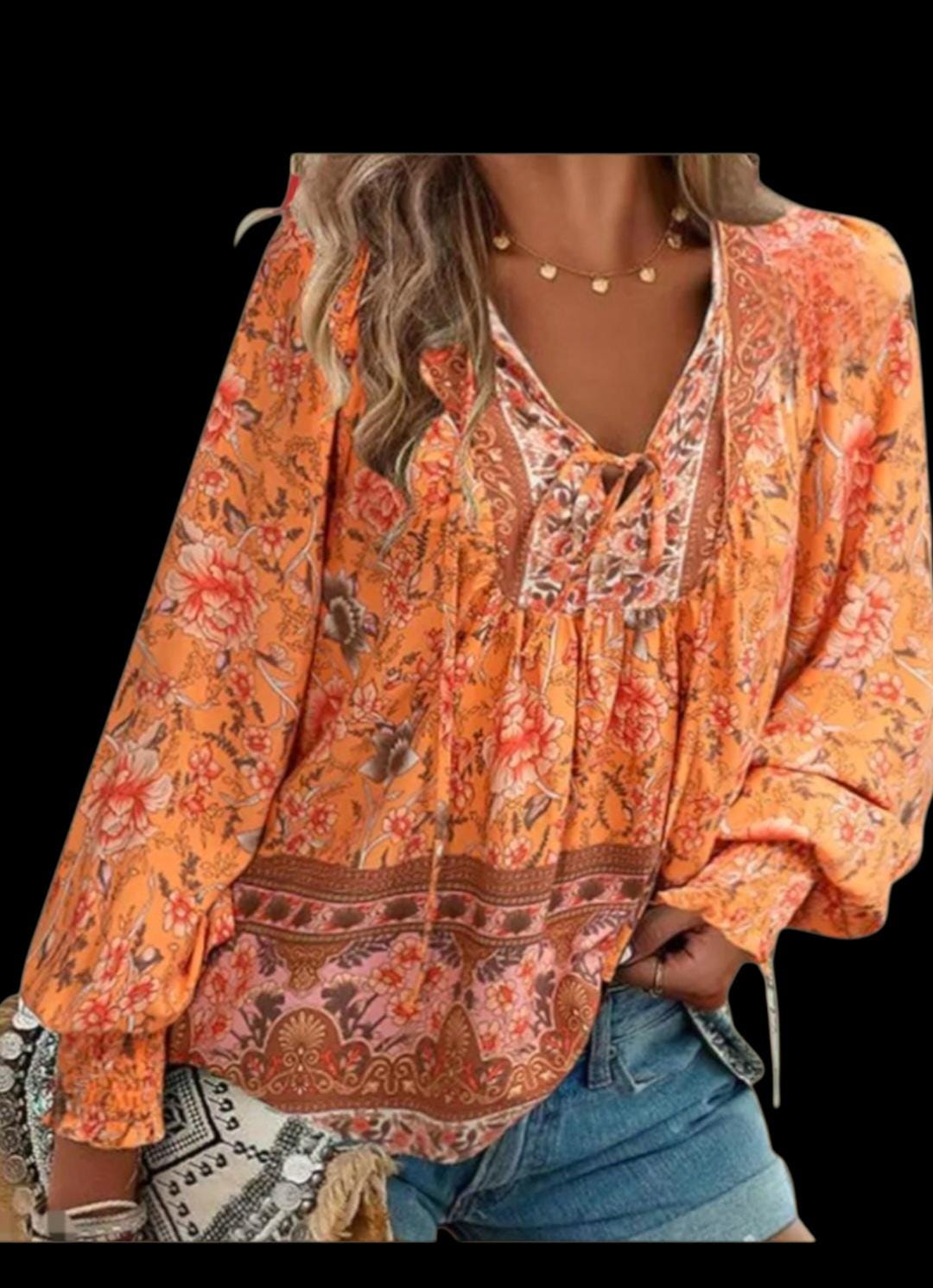 Orange Boho Blouse – Flowy V-Neck, Long Sleeves – Elegant Bohemian Style – Size XXL