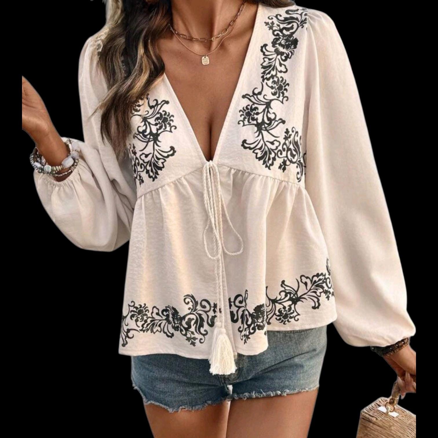 Women's Boho Blouse | Ivory Split Front Tassel Tie, Long Sleeve Top (L)