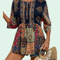 Women's Boho Long Tunic Top | 70s Hippie Style Crew Neck with Ties – Size XXL
