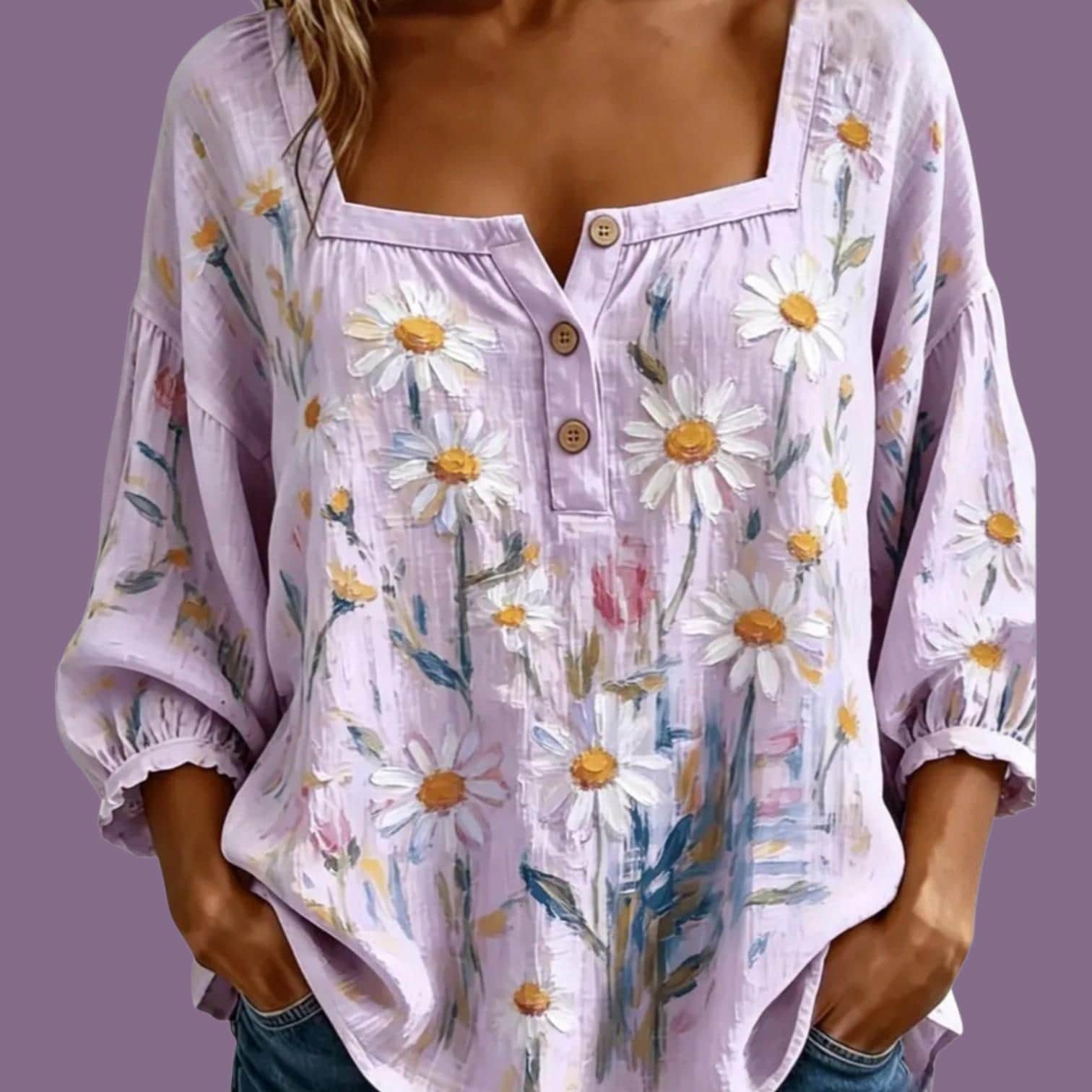 Women's Boho Lavender Floral Tunic Top | Loose Peasant Blouse – Size XXL