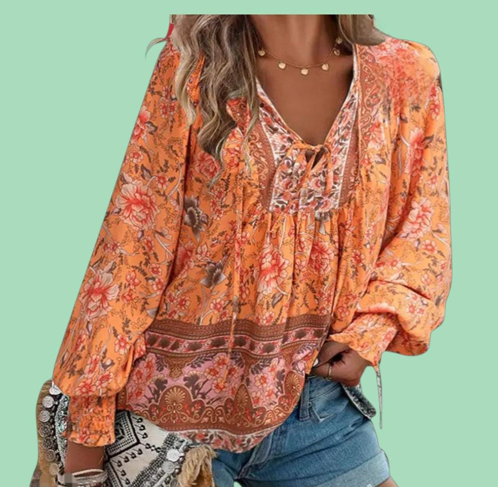 Women's Boho Floral Blouse | Long Sleeve Relaxed Fit Top – Size XL