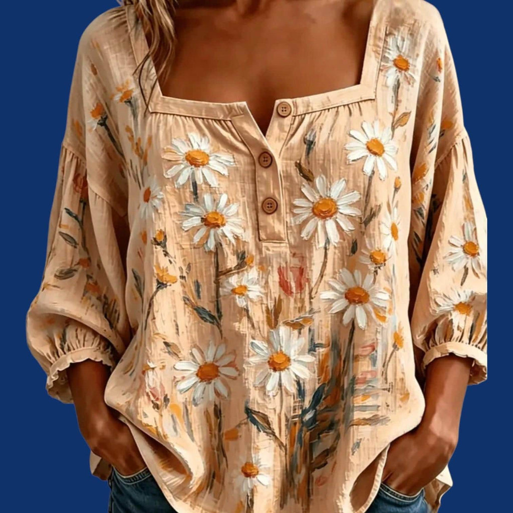 Boho Peach Daisy Patchwork Blouse | Loose Peasant Top | Women's Bohemian Shirt | XXL