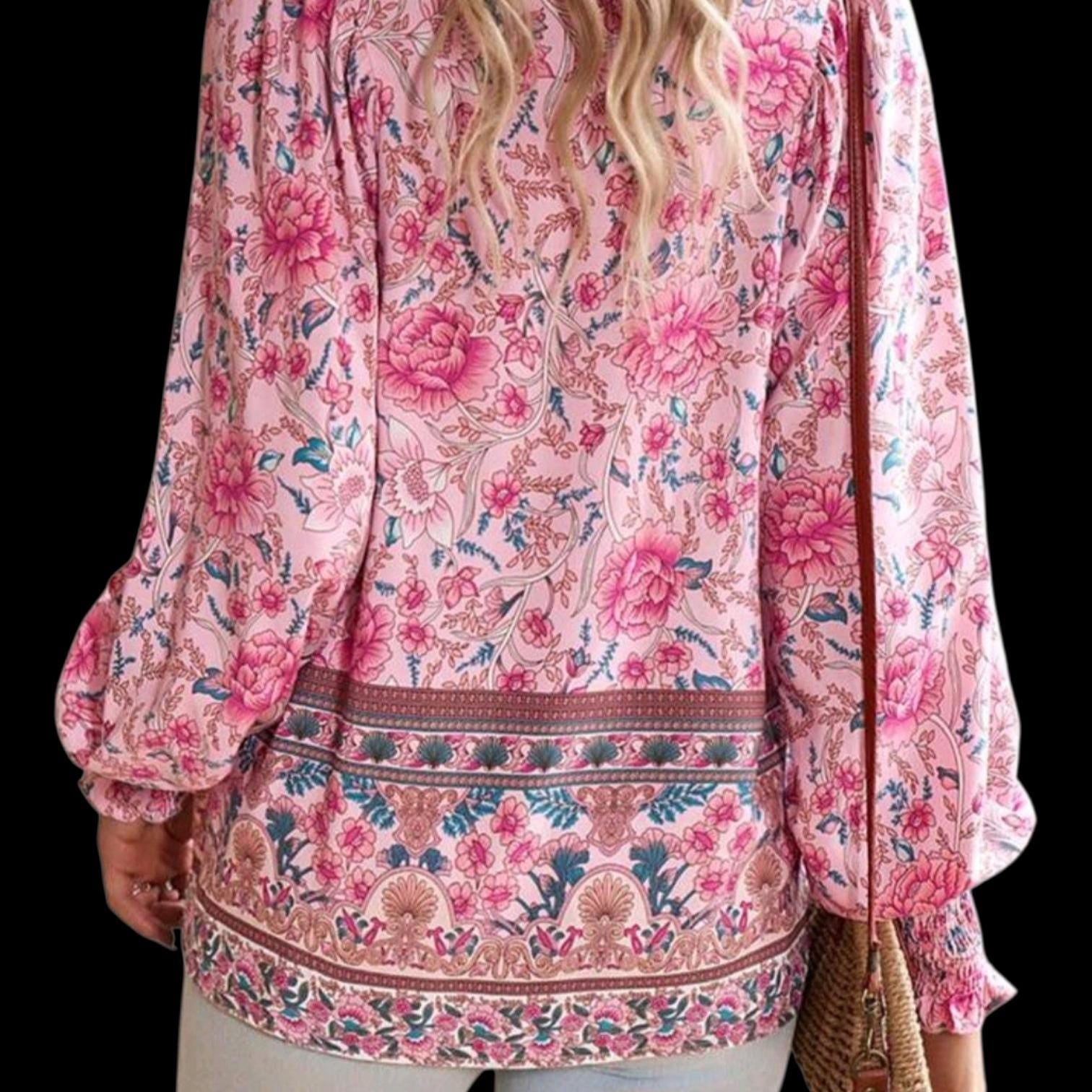 N-Pink Boho Chiffon Tunic Blouse – V-Neck with Ties, Long Sleeves – Elegant Bohemian Style – Size XXL