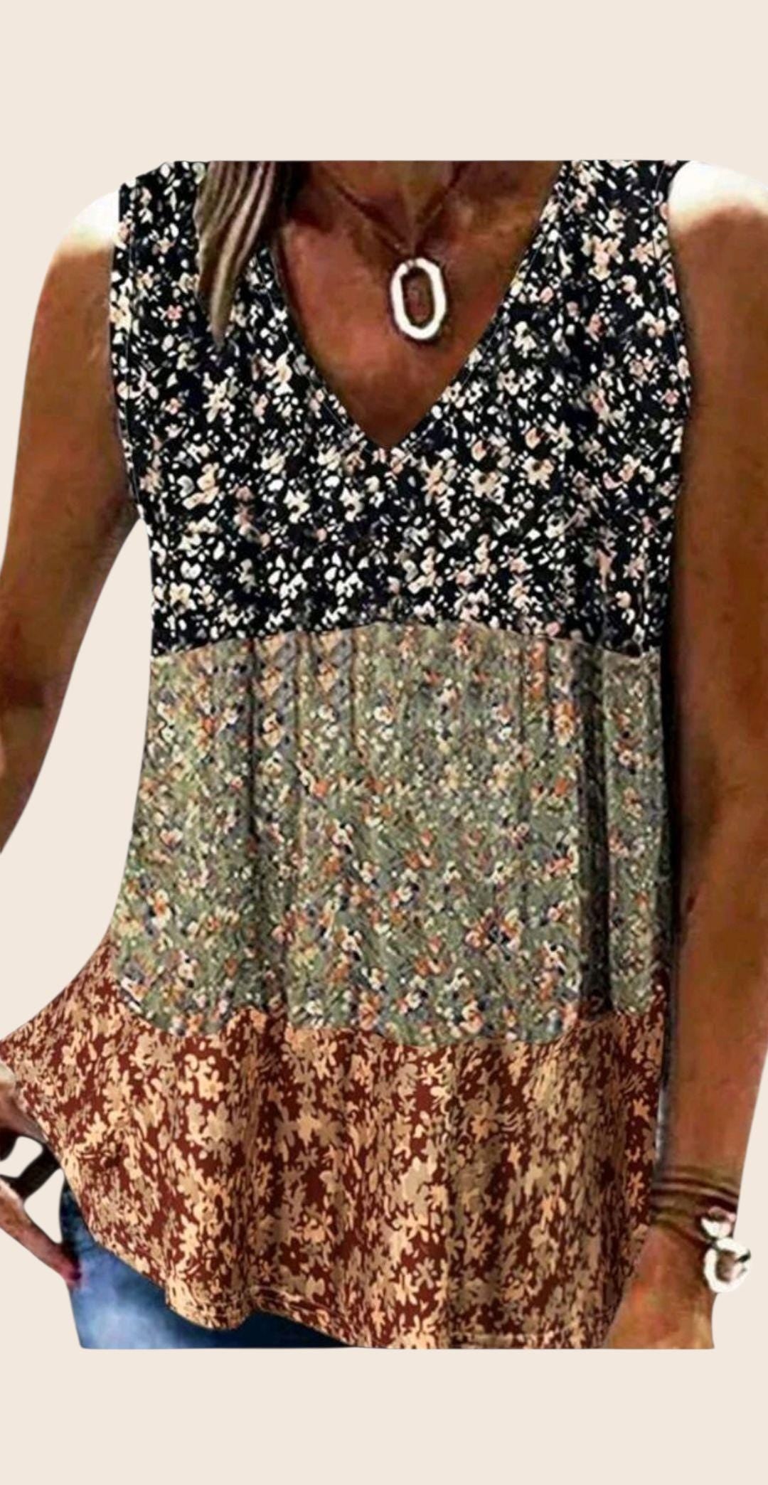 Floral Print Boho Blouse – Sleeveless Three-Tier Tank Top, Black Tan Red – Size S
