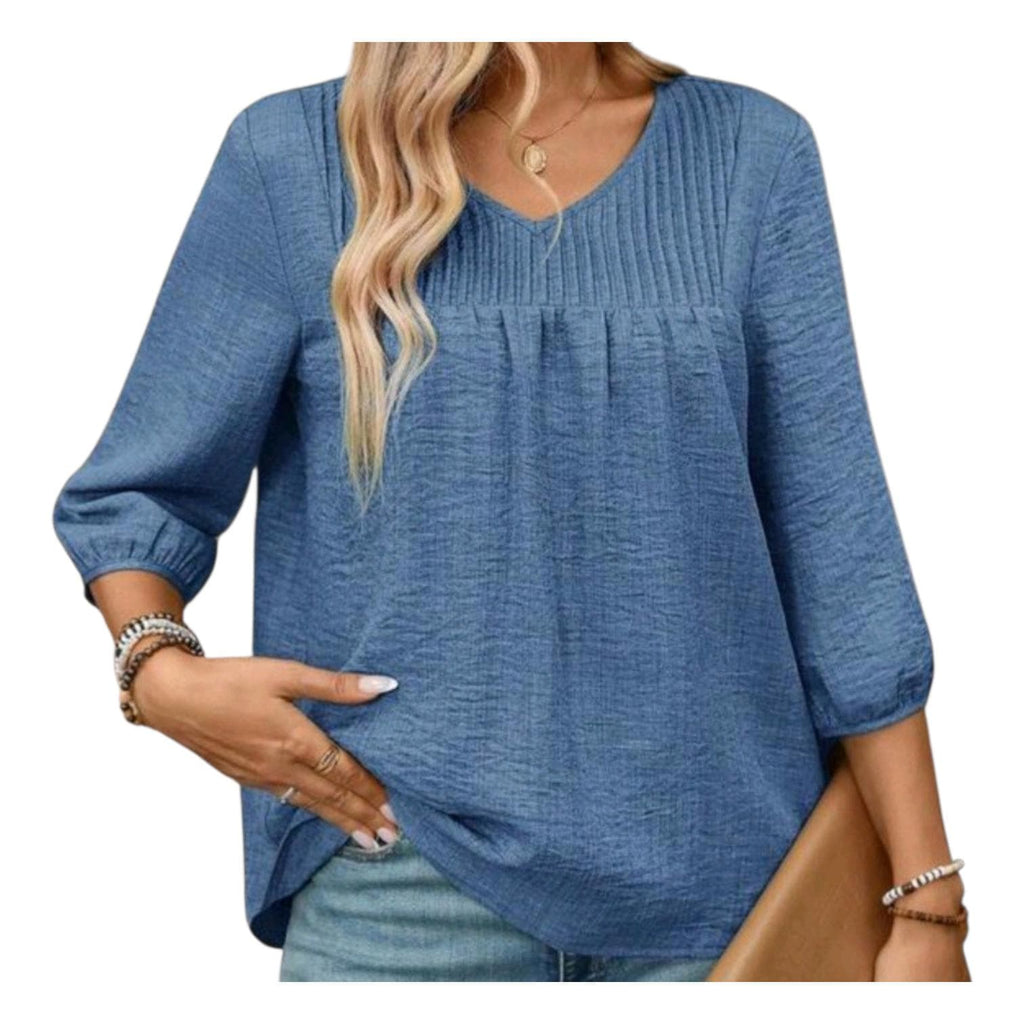Blue Boho Flowy V-Neck Top – Loose Relaxed Fit, Elegant Bohemian Style – Size L