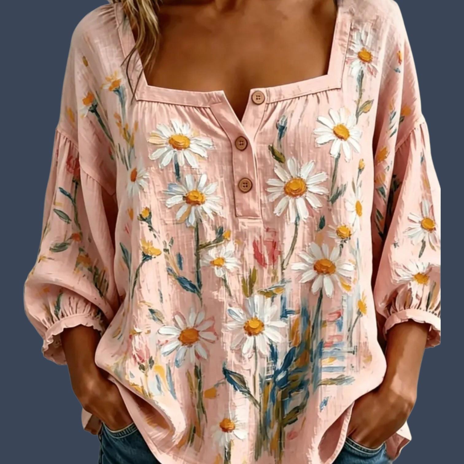 Boho Pink Casual Babydoll Floral Blouse with 3/4 Sleeves | Size L