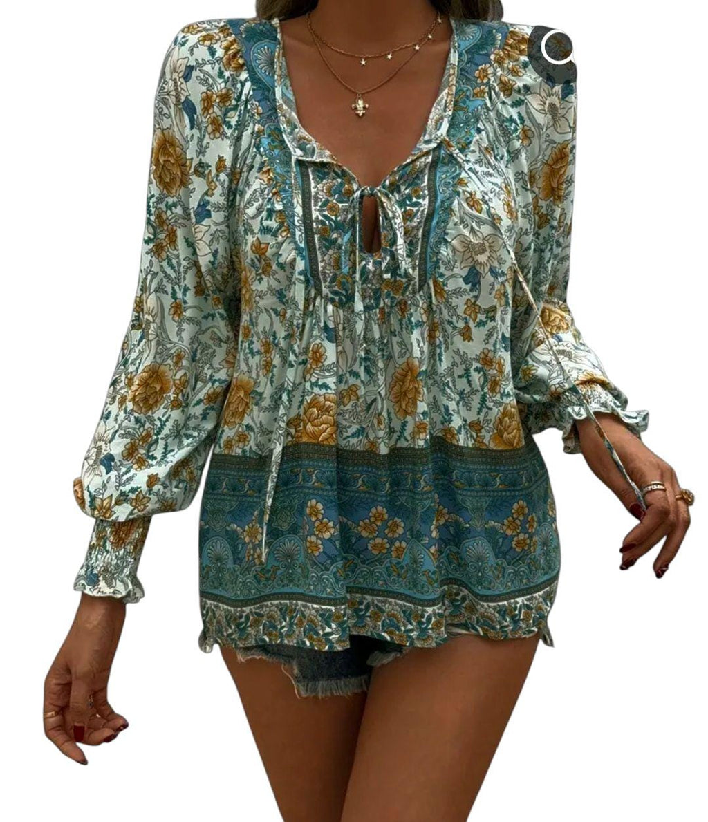 Boho Green Flowy Peasant Blouse – Hippie V-Neck with Ties – XL