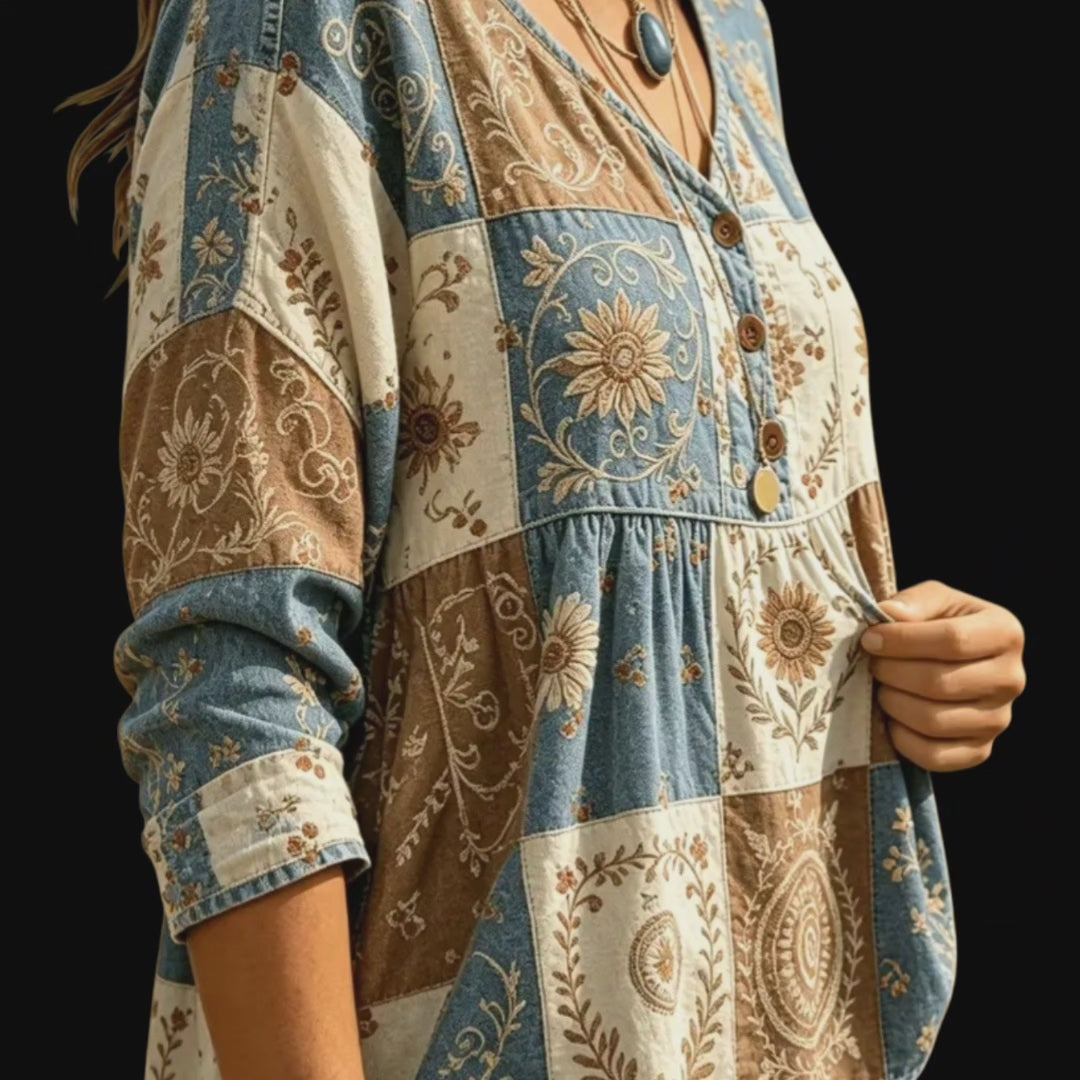 Women's Boho Floral Patchwork V-Neck Blouse | 3/4 Sleeve | Size XL