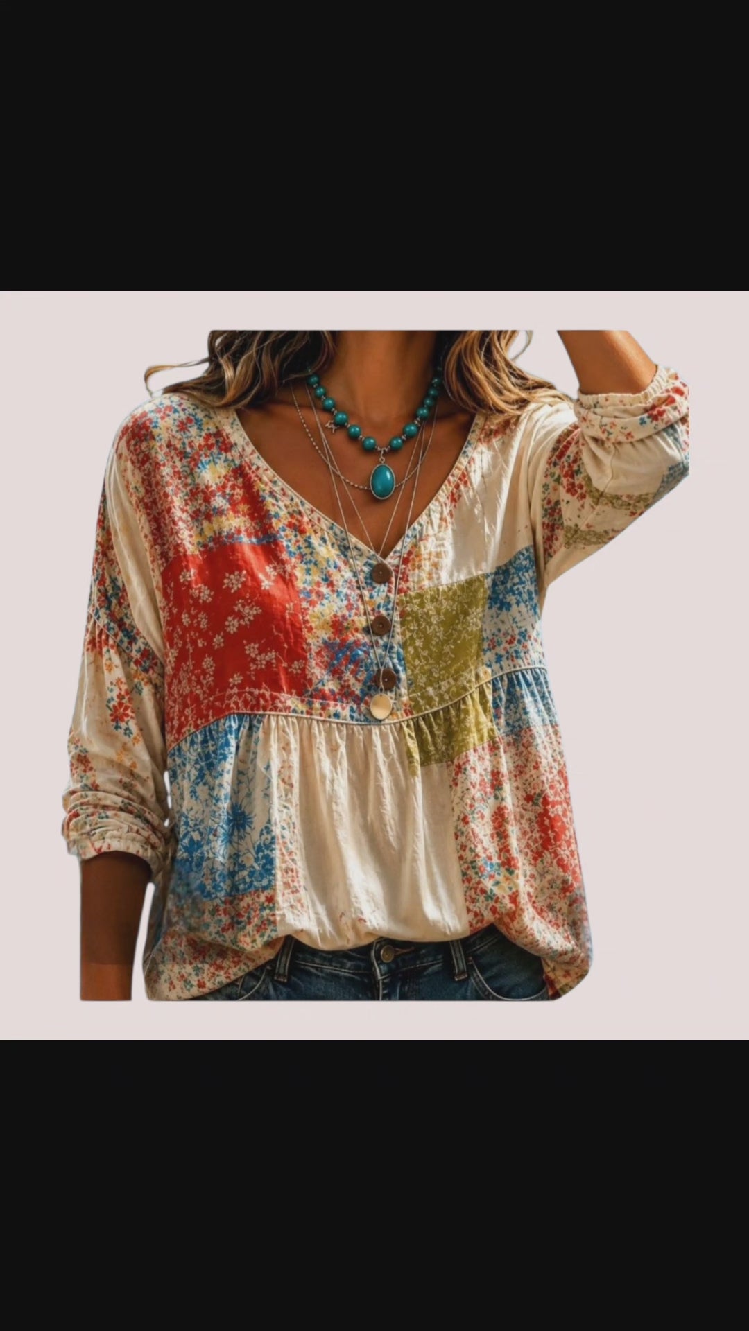 Boho Patchwork Floral Blouse | Cottagecore Peasant Top | Vintage Inspired Bohemian Tunic – Size L