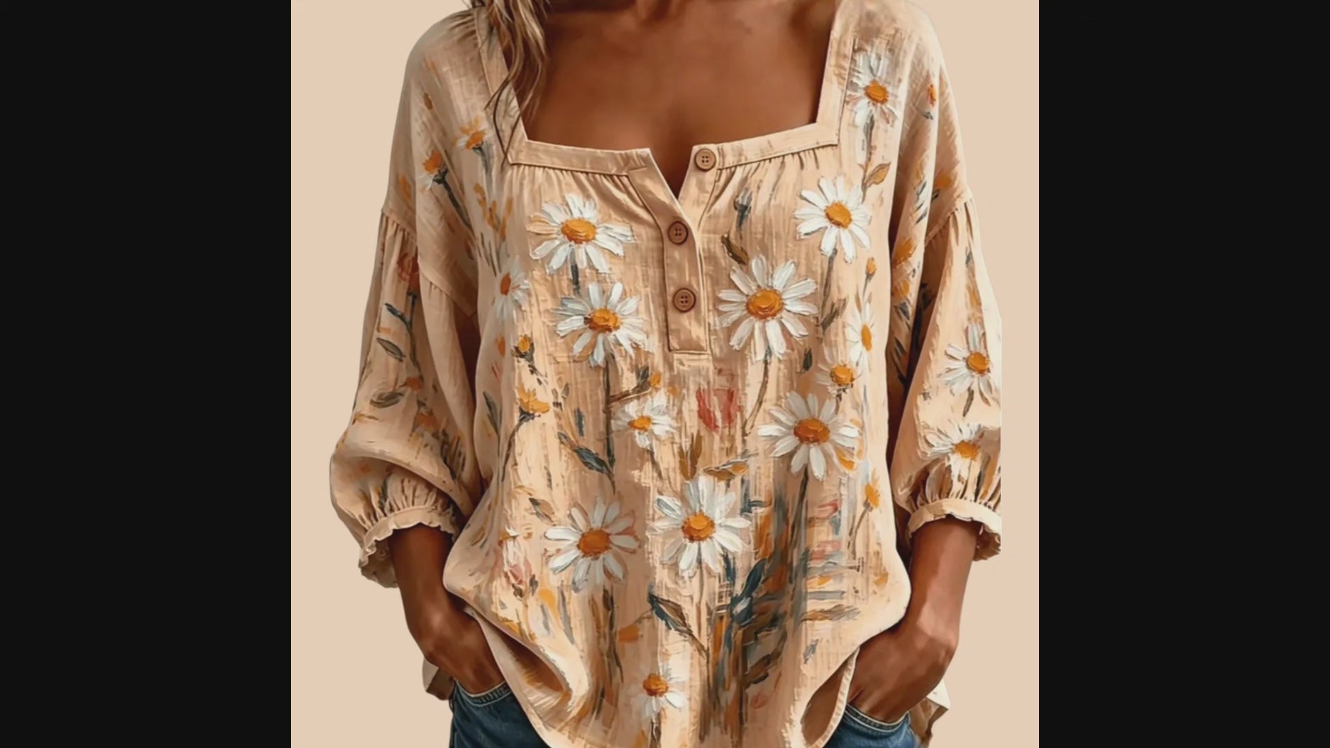 Women's Boho Peach Blouse | Square Neck 3/4 Sleeve Hippie Top – Size XL