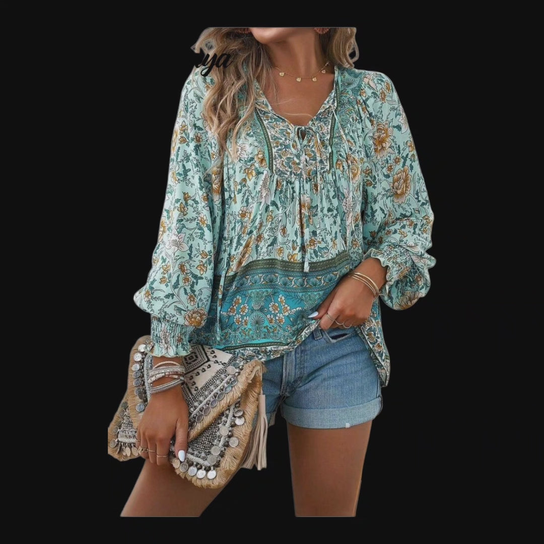Women's Blue Boho Blouse | V-Neck Long Sleeve with Ties | Size XL