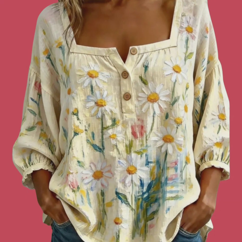 Boho Yellow Hippie Blouse — Square Neck, 3/4 Drop Shoulder Sleeves | Loose Peasant Top | Women's XL