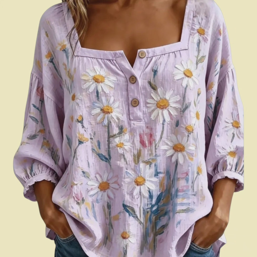 Women's Boho Lavender Flowy Blouse | Square Neck 3/4 Sleeve Top – Size XL