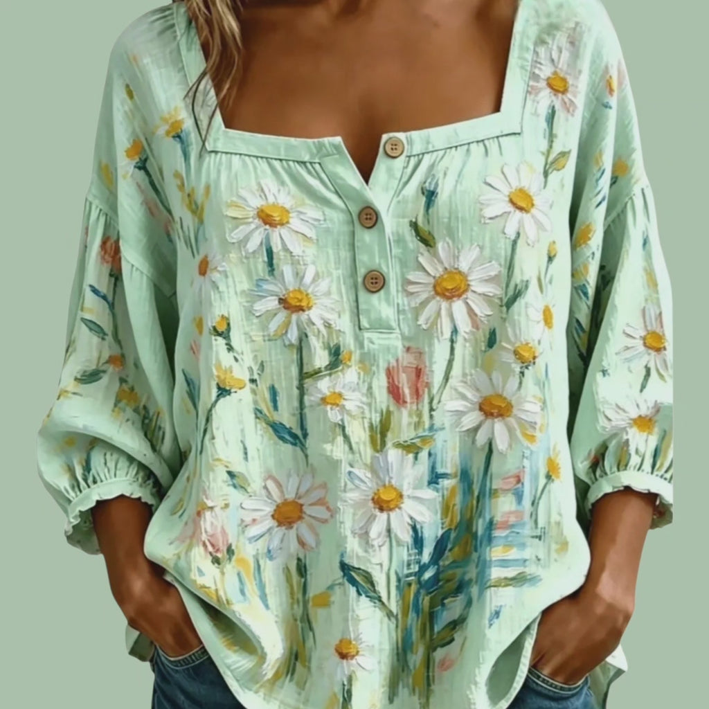 Women's Boho Summer Green Hippie Blouse | Flowy Loose Peasant Top – Size XL