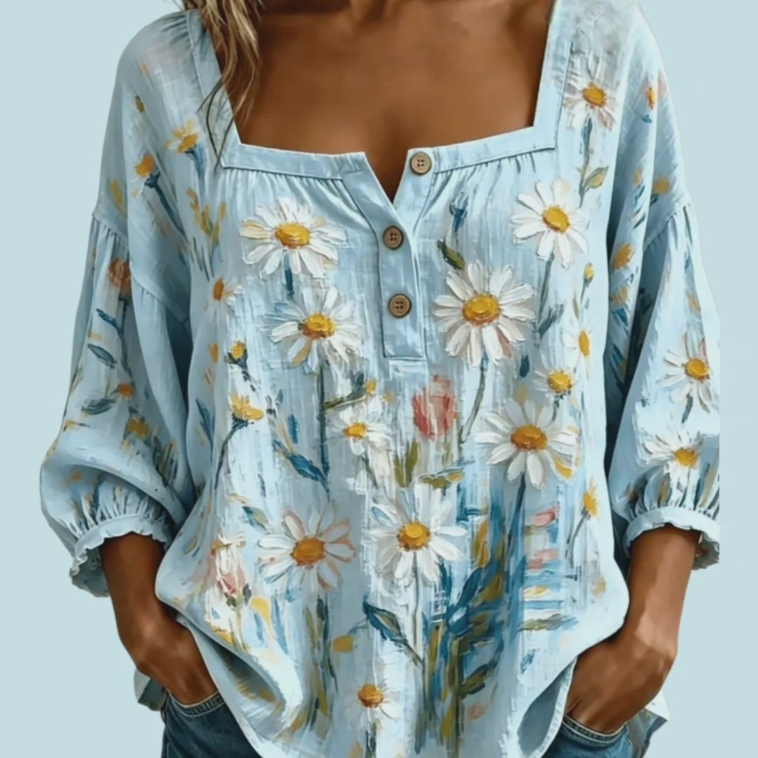 Women's Blue Daisy Print Boho Blouse | Square Neck 3/4 Sleeve Floral Top – Size L