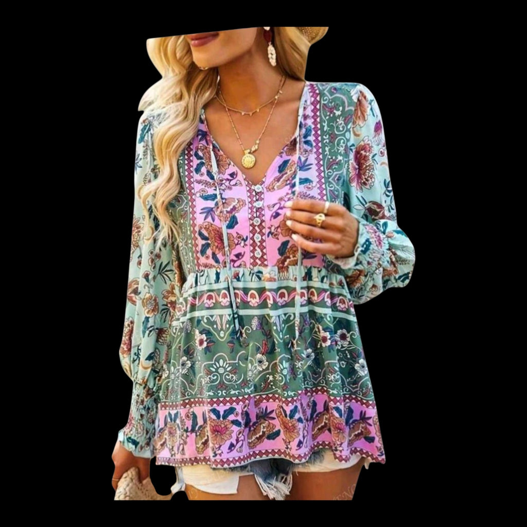 Women's Boho Peplum Tunic Top | Pink Blue Floral, V-Neck with Tassels & Buttons – Size XL