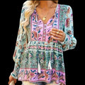 Women's Boho Peplum Tunic Top | Pink Blue Floral, V-Neck with Tassels & Buttons – Size XL