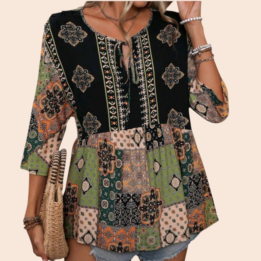 Women's Boho Patchwork Peplum Tunic | Earth Tone Long Top – Size S