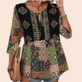Women's Boho Patchwork Peplum Tunic – 3/4 Sleeve Tie-Front Top – XL
