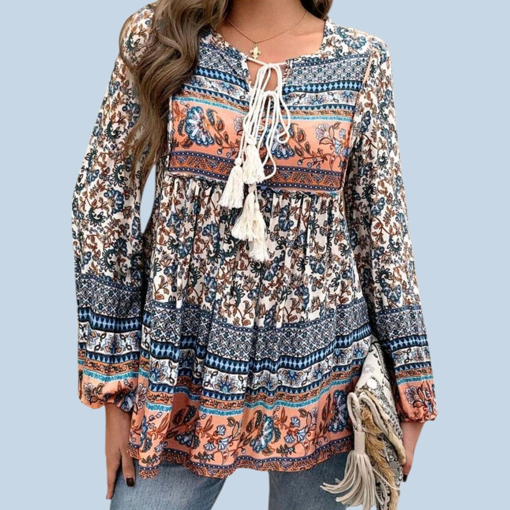 Boho (M) Blue with Peach Flowy, Long Sleeves Blouse with Tassel Ties.