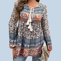 Women's Boho Blue & Peach Blouse | Long Sleeve with Tassel Ties – Size M