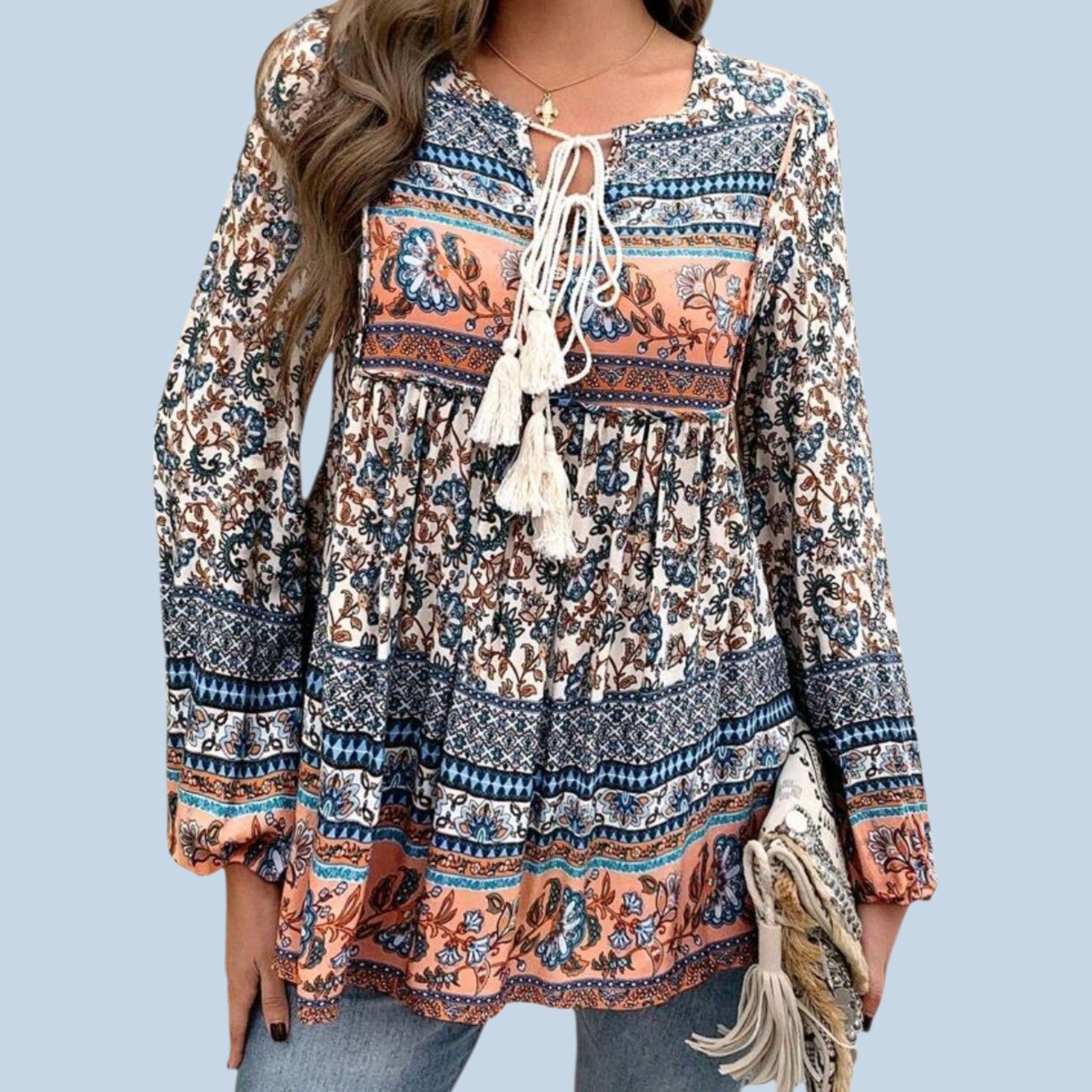Women's Boho Blue & Peach Blouse | Long Sleeve with Tassel Ties – Size M