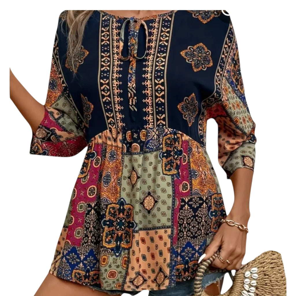 Women's Boho Patchwork Peplum Top | V-Neck 3/4 Sleeve with Ties – Size L
