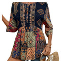 Women's Boho Patchwork Peplum Top | V-Neck 3/4 Sleeve with Ties – Size L