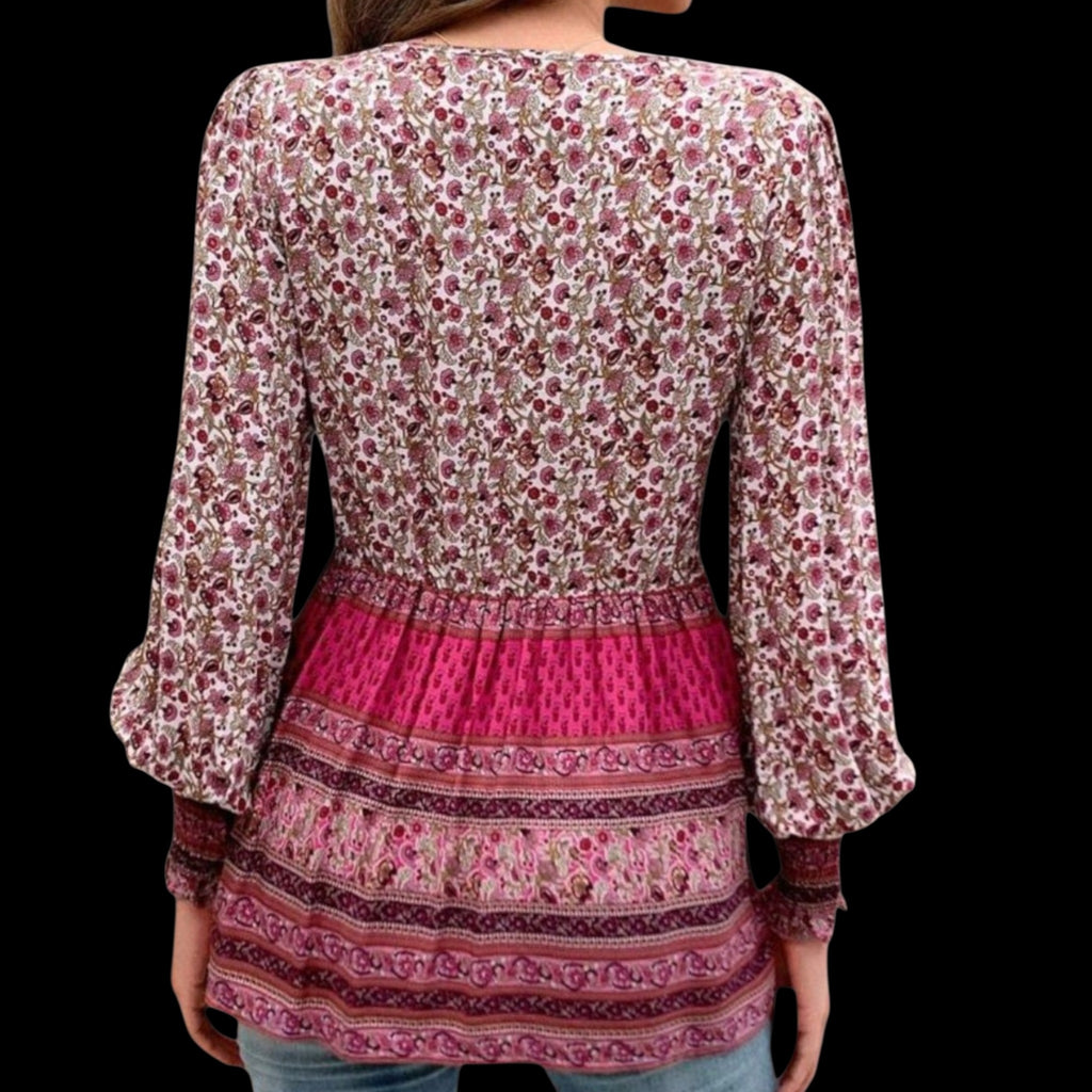 Women's Boho Rose Pink Peplum Blouse | V-Neck Tassel Detail Long Sleeve Tunic – Size XL