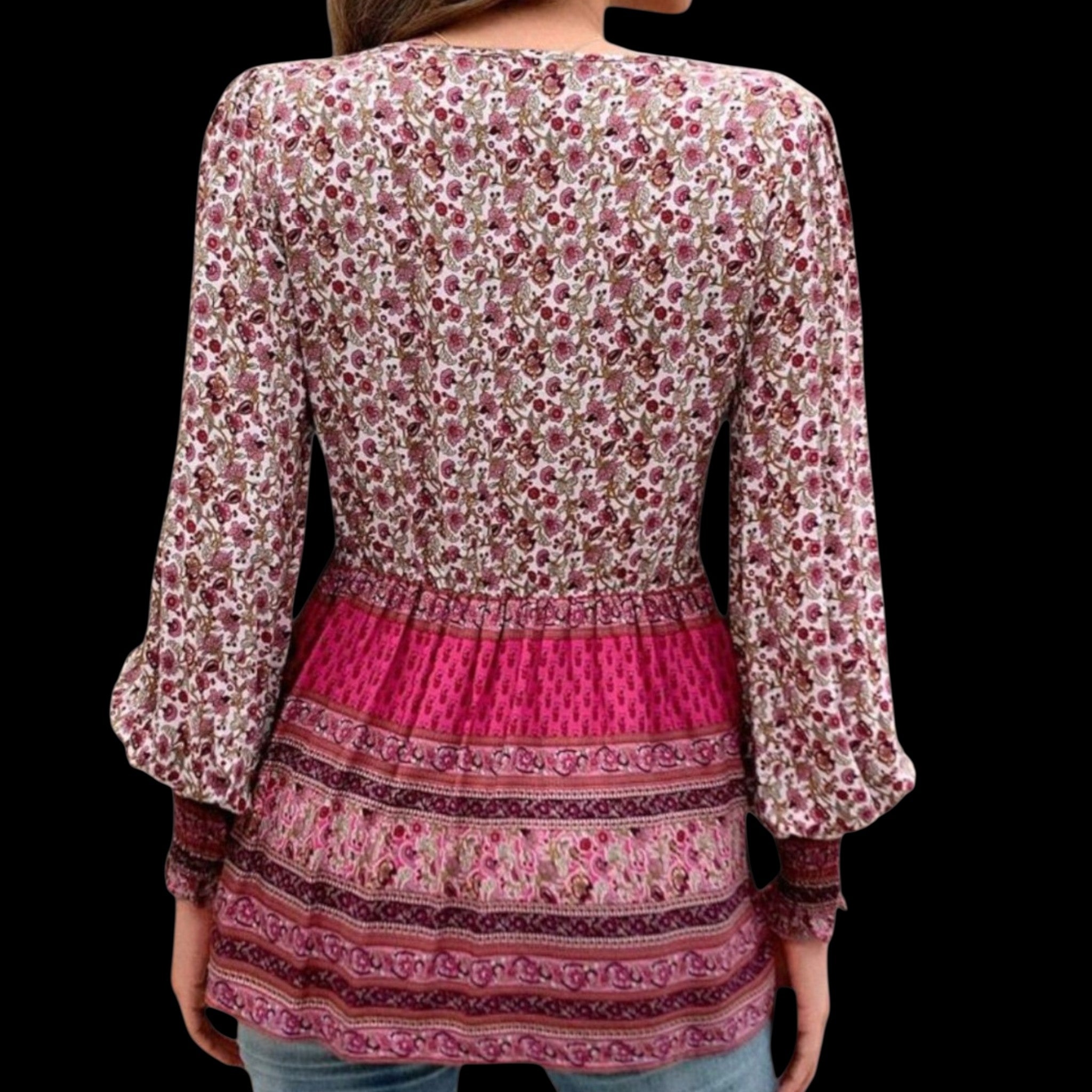 Women's Boho Rose Pink Peplum Blouse | V-Neck Tassel Detail Long Sleeve Tunic – Size XL
