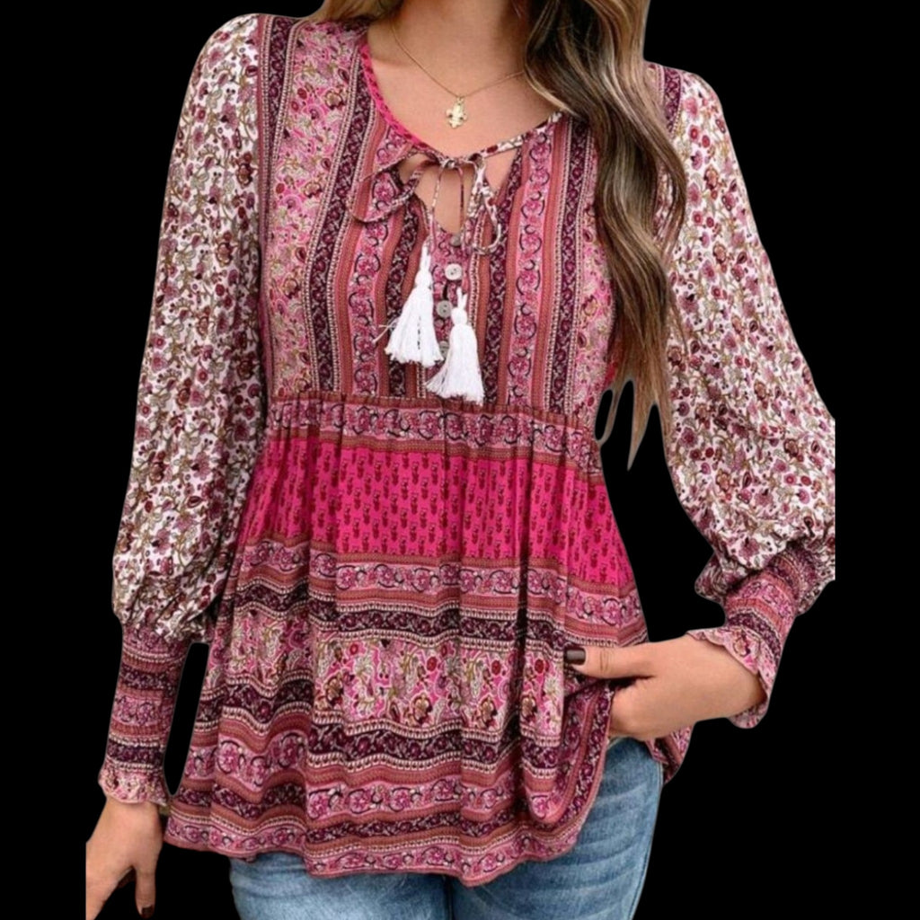 Women's Boho Rose Pink Peplum Blouse | V-Neck Tassel Detail Long Sleeve Tunic – Size XL