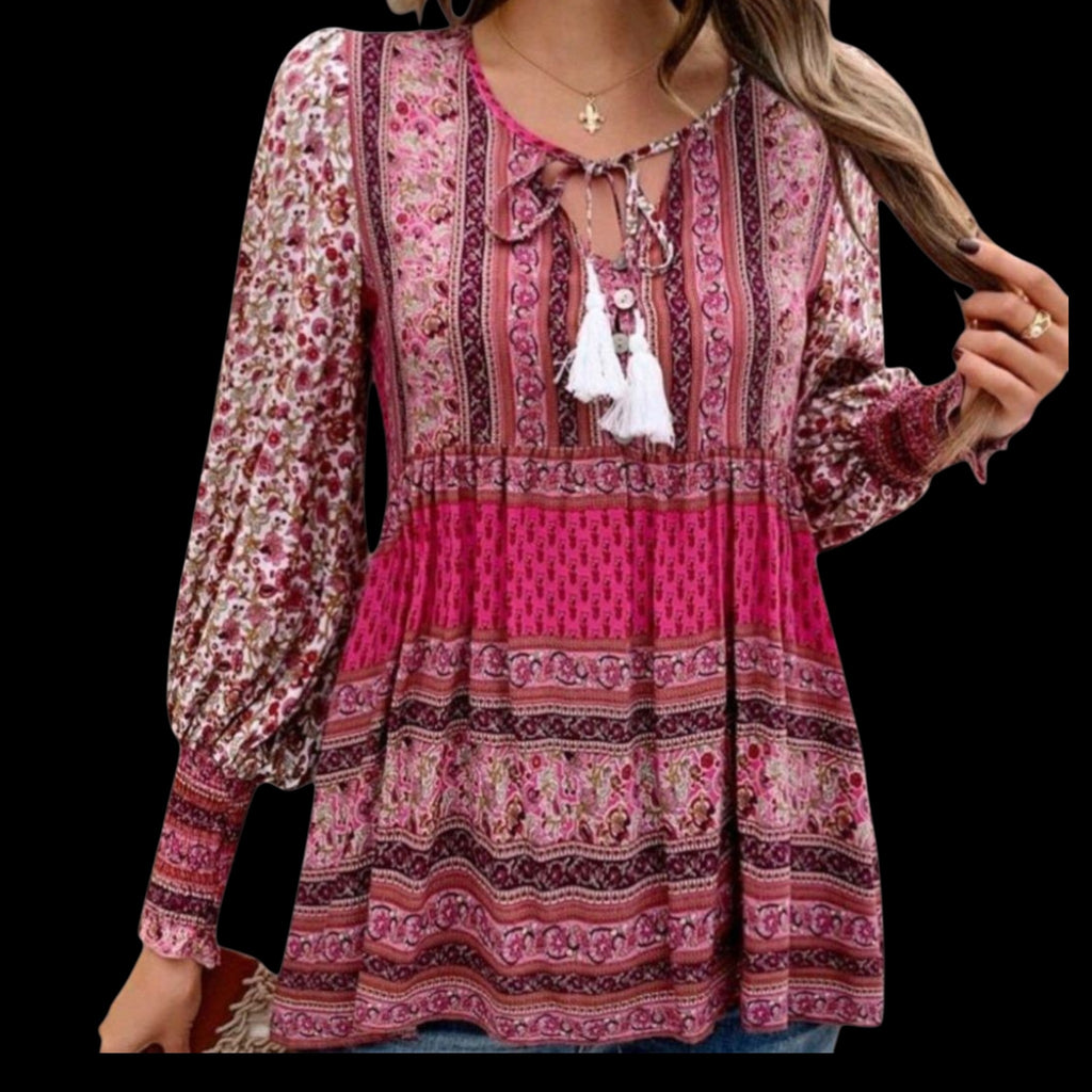 Women's Boho Rose Pink Peplum Blouse | V-Neck Tassel Detail Long Sleeve Tunic – Size XL