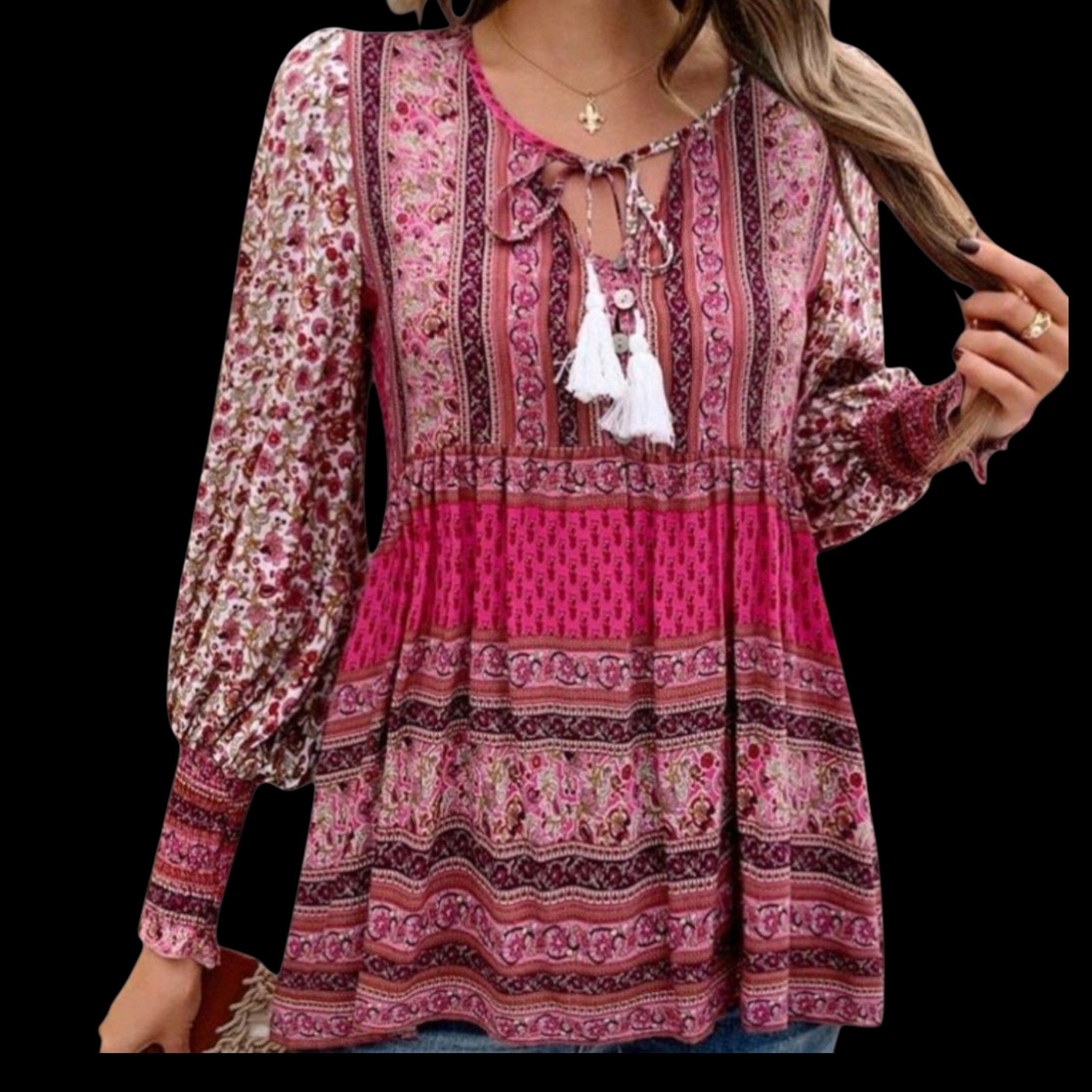 Women's Boho Rose Pink Peplum Blouse | V-Neck Tassel Detail Long Sleeve Tunic – Size XL